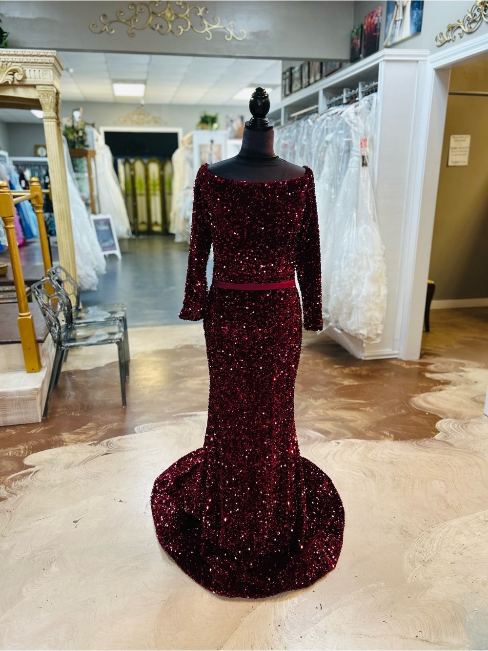 Portia and Scarlett Burgundy Sequin Off-Shoulder Mermaid Gown
